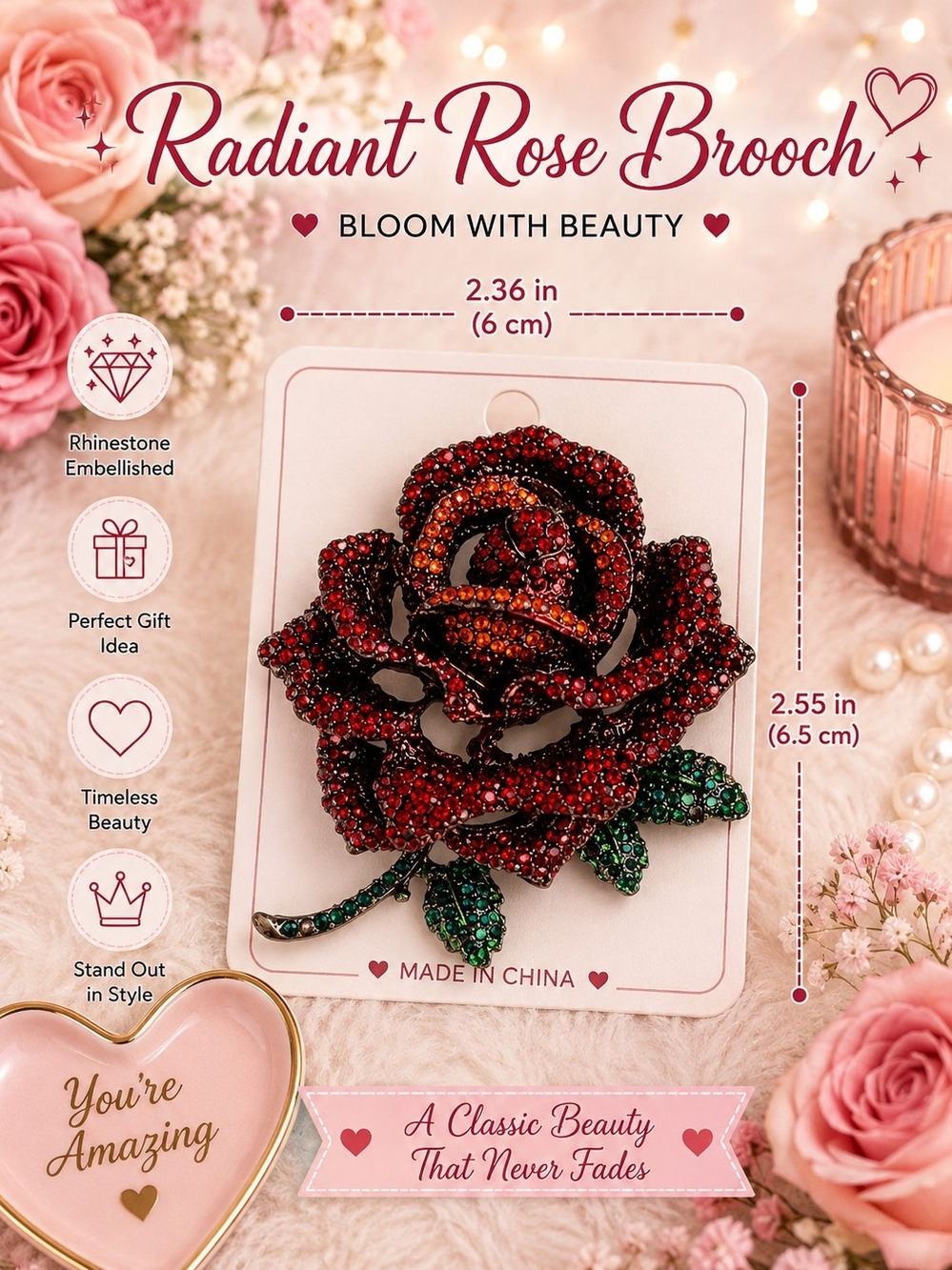 Radiant Rose Brooch - Red & Green Rhinestone Floral Pin